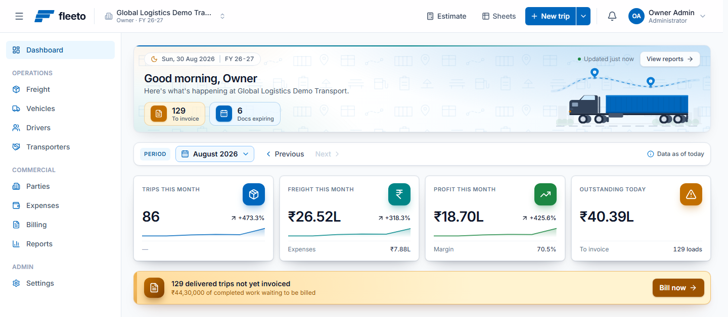 The Fleeto dashboard: trips this month, freight, profit and outstanding, with a banner showing delivered trips not yet invoiced.