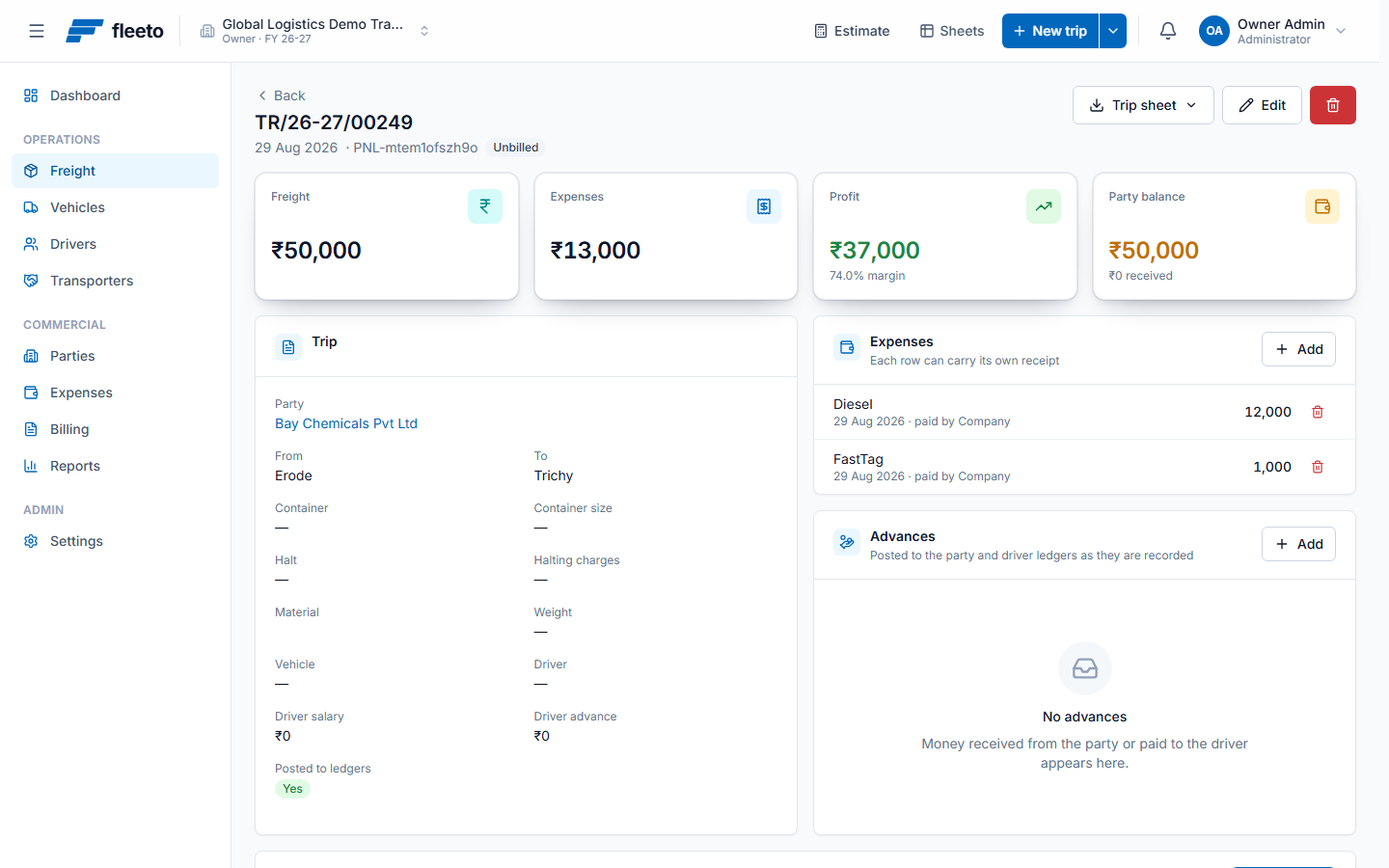 A single trip: freight, expenses, profit and party balance across the top, with trip details, expenses and advances below.