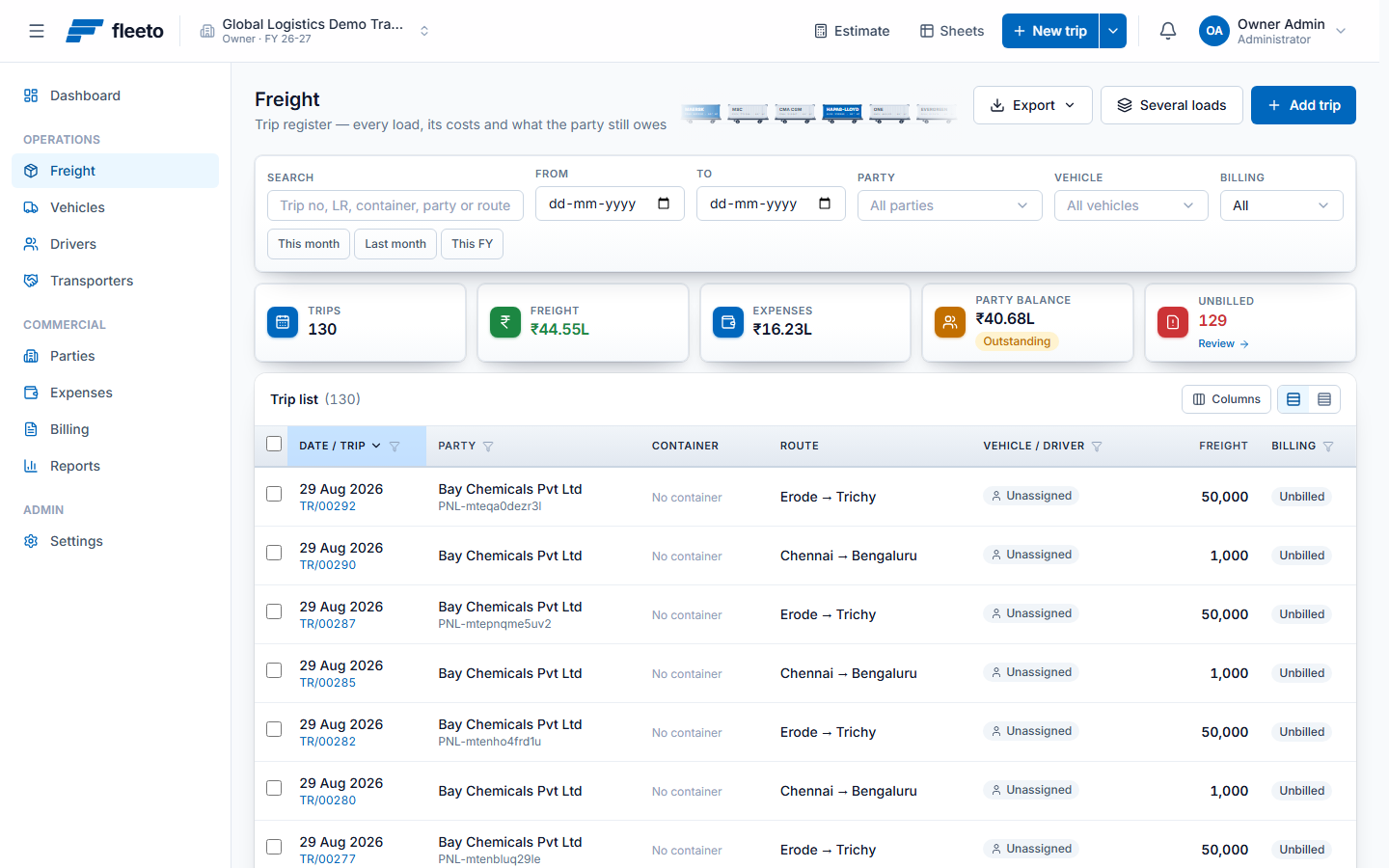 The trip register: filters for date, party, vehicle and billing status, summary totals, and a list of trips with route, vehicle, freight and billing status.